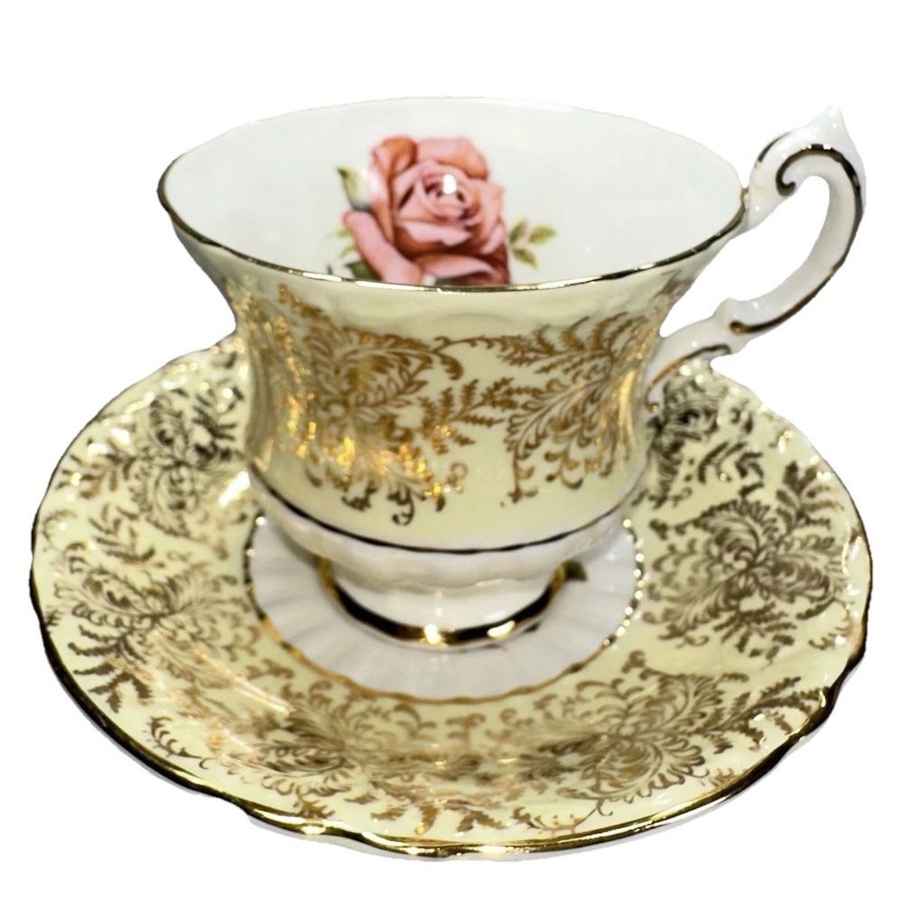Paragon Tea Cup Saucer Floating Cabbage Rose Citron Yellow Gold Filigree A2645